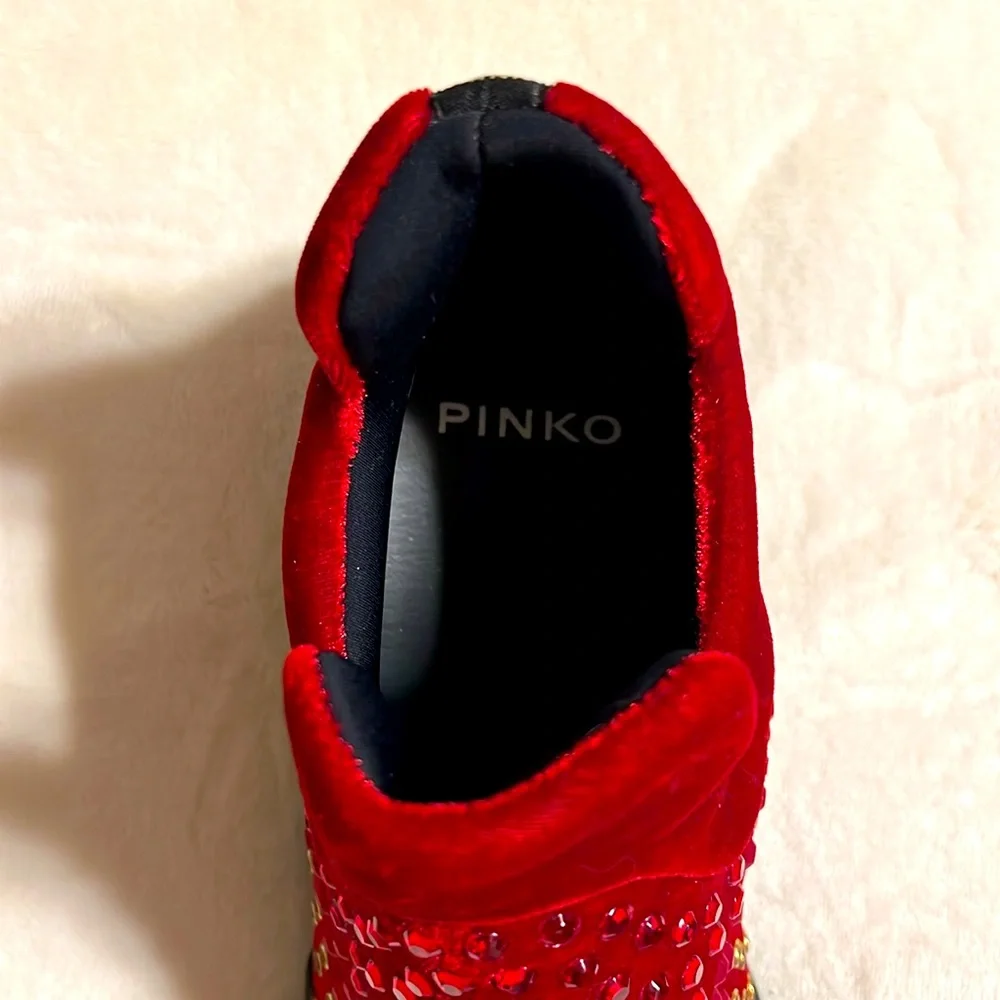 PINKO. Red Rhinestone and Studded High-Top Sneakers. NWOT. Size 39/8 Italy
